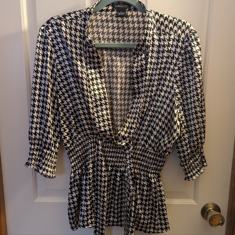 BCBGMAXAZRIA Houndstooth Smocked Waist Peplum Top Black White - Size XL